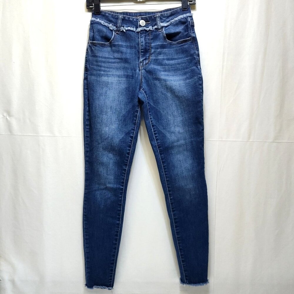 Maurices High-Rise Skinny Jeans XS Reg W26 Frayed Hem & Waist Design Dark Wash
